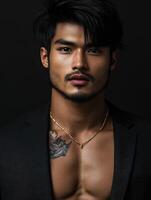 Stylish man with a tattoo poses confidently against a dark backdrop photo
