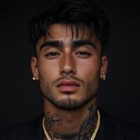 Portrait of a young man with tattoos and gold accessories in a dark setting photo