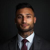 Confident man in a tailored suit posing against a dark background photo