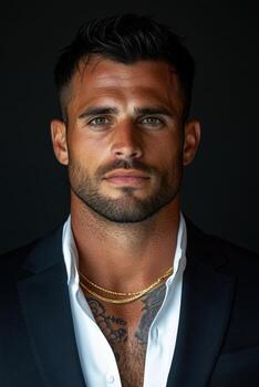 Man in a dark suit with gold chains poses against black backdrop photo