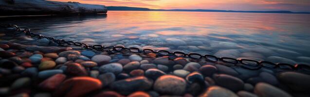 Peaceful evening sunset over smooth pebbles by the lakeshore photo