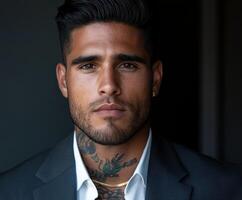 Portrait of a man in a dark suit with tattoos, captured indoors photo