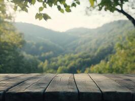 Natural landscape with wooden surface in the foreground during golden hour photo