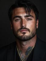 Portrait of a man in a suit with a serious expression and gold necklace photo