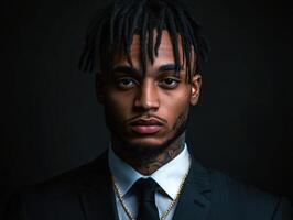 Man in formal attire with dreadlocks against dark background photo