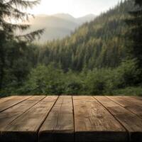 Wooden table in peaceful forest setting during golden hour light photo