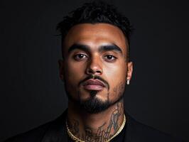 Portrait of a man with tattoos in formal attire against a dark backdrop photo