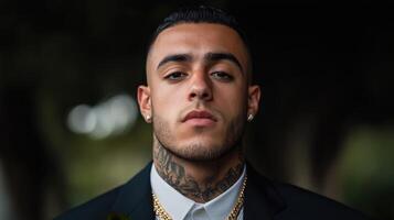 Man in formal attire with tattoos poses confidently outdoors photo