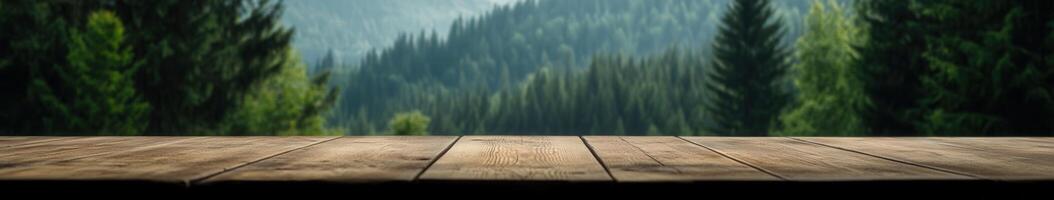 Scenic forest view from a wooden deck during early morning hours photo