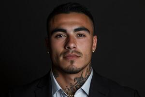 confidente hombre en formal atuendo con tatuajes y intenso mirada adentro foto