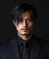 Serene portrait of a man in a black suit against a dark backdrop photo