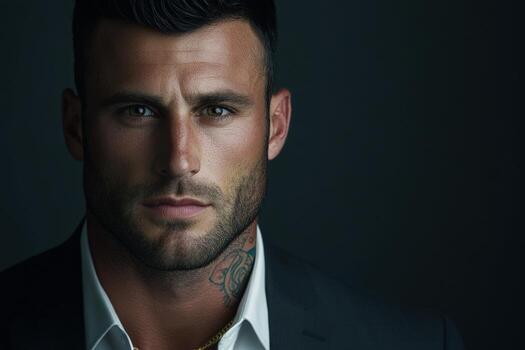 Confident man in a suit with a striking expression in a dark setting photo