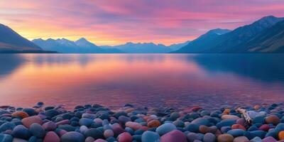 Colorful pebbles along a serene lake at sunset in New Zealand photo