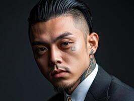 Man in a tailored suit with tattoos poses confidently indoors photo