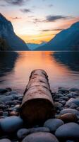 Beautiful sunset over calm lake with a log on rocky shore photo