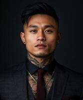 Stylish man with tattoos in a formal suit under dramatic lighting photo