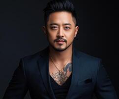 Confident man with tattoos in formal attire against a dark backdrop photo
