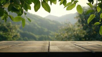 Wooden table with a scenic mountain backdrop during golden hour photo