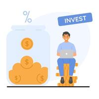 Illustration of online financial management with a man seated on a money stack. Passive income, and wealth building vector