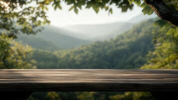Serene wooden table with mountain view in early morning light photo