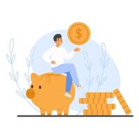 Man sitting on a piggy bank with coin above the hand. Financial planning, and wealth success vector