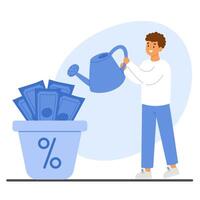 Man watering paper banknotes on pot. Growing wealth through steady and thoughtful investment vector