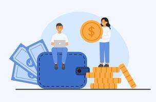 Man with laptop on wallet and woman holding large coin, symbolizing wealth management and saving vector
