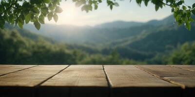 Sunlit wooden table overlooking a serene mountain landscape at dawn photo