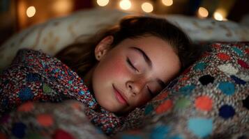 A young girl peacefully sleeping under a cozy blanket with soft lights photo