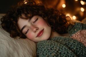 Young woman resting peacefully in cozy room with soft lighting photo