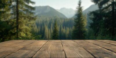 Wooden table in foreground with scenic mountain view in summer photo