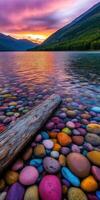 Colorful pebbles at sunset by a calm lake in a scenic landscape photo