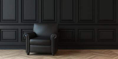 A modern black chair against a dark paneled wall in a minimalist space photo