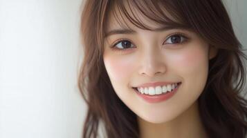 A young woman smiles brightly against a light background in natural light photo