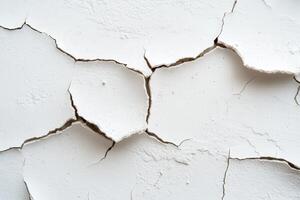 Cracked white wall texture revealing damage over time in a building photo