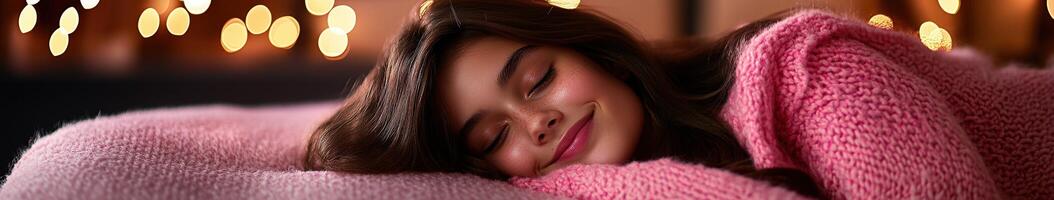 Young woman smiles peacefully while sleeping on a cozy pink blanket photo