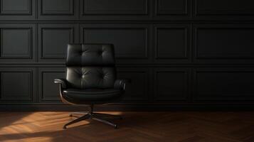 Stylish black leather chair against dark paneled wall in cozy room photo