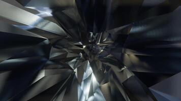 Abstract tunnel background with randomly pointed crystal shapes. Futuristic 3D cave moving smoothly, featuring dark and glowing hole illustrations. 3D renderingon of a dark, glowing hole. 3d rendering video