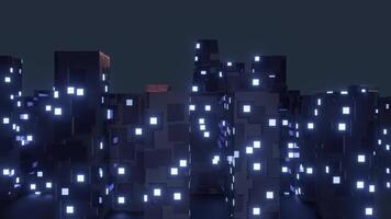 Illustration of a city at night with tall buildings. Futuristic skyscrapers with lights in the windows of each room. Progressing city background with smooth camera movement. 3d rendering video