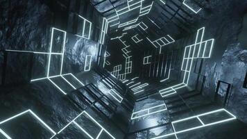 Futuristic hexagonal tunnel with black stone walls decorated with random glowing web framework. Smooth movement on the tunnel hole and find the round light. video