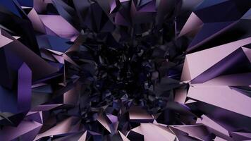 Abstract background of a purple tunnel with randomly pointed crystal shapes. A futuristic 3D cave that moves smoothly, featuring an illustration of a dark, glowing hole. 3d rendering video