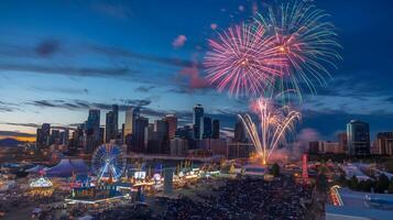 Low angle view of firework display over river against sky at night,Calgary,Alberta,Canada photo