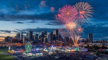 Skyline of calgary with fireworks for the new year photo