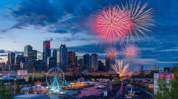 Fireworks Over City Skyline in Calgary, Alberta, Canada. Fireworks display over the night sky with the Calgary downtown skyline in the backdrop during the annual Stampede festivities photo