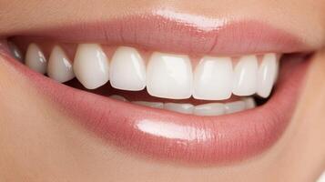 A close-up of a bright smile showcasing healthy white teeth and lips photo