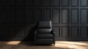 Modern black armchair in a stylishly designed room with dark paneling photo