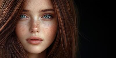 A young woman with striking features and long brown hair in soft light photo