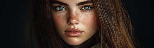 Close-up portrait of a young woman with striking blue eyes and freckles photo