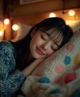 Young woman peacefully sleeping on a cozy bed with colorful lights photo