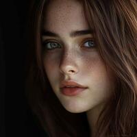 Young woman with captivating blue eyes and freckles in soft light photo